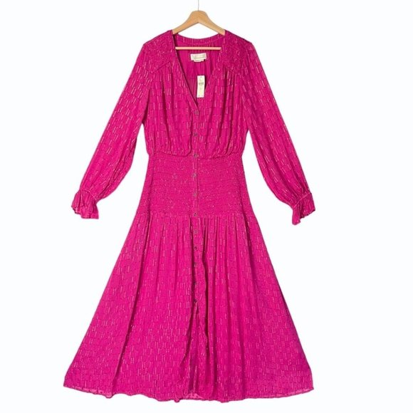 Anthropologie Fuchsia Gold Thread Button Front Long Sleeve Maxi Dress Size M NWT - Picture 2 of 8